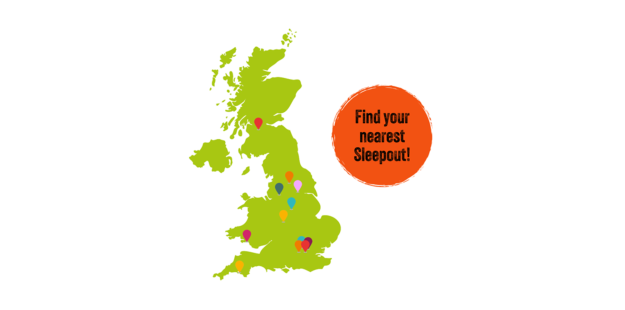 A map of the UK showing the big sleepout locations