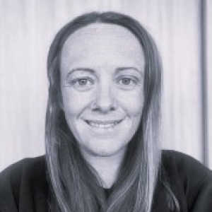 Head shot of Rebecca Bryan in black and white